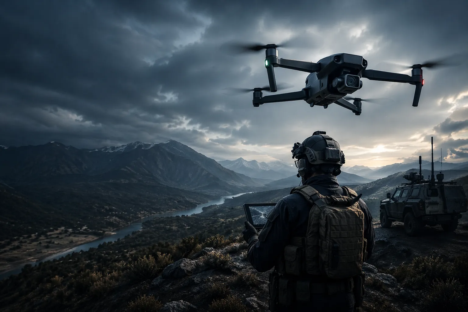 Industrial drone flying over a mountain landscape with tactical operator