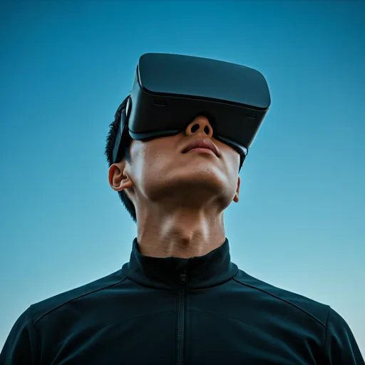 Abstract cinematic shot of a drone pilot wearing VR goggles looking upwards into a clear blue sky