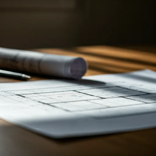 Close-up of a vintage blueprint on an architect desk with soft natural light coming from a side window